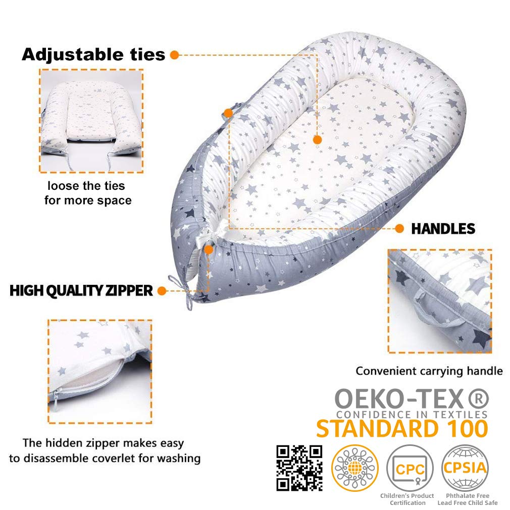 Mamibaby Baby Lounger Baby Nest Sleeper, Stars Breathable 100% Cotton & Soft, Portable Adjustable for Crib Bassinet Mattress - Perfect for Newborn Essential Shower Gift, Co-Sleeping&Travelling: Baby
