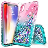 iPhone Xs Max Case with Tempered Glass Screen Protector for Girls Women, NageBee Glitter Bling Liquid Floating Quicksand Waterfall Sparkle Durable Cute Case for iPhone Xs MAX 6.5 inch -Pink/Aqua