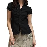 Women Coquette Short Sleeve Shirt Y2k Button Down Slim Fitted Solid T-Shirt Preppy Aesthetic Lapel Neck Crop Top