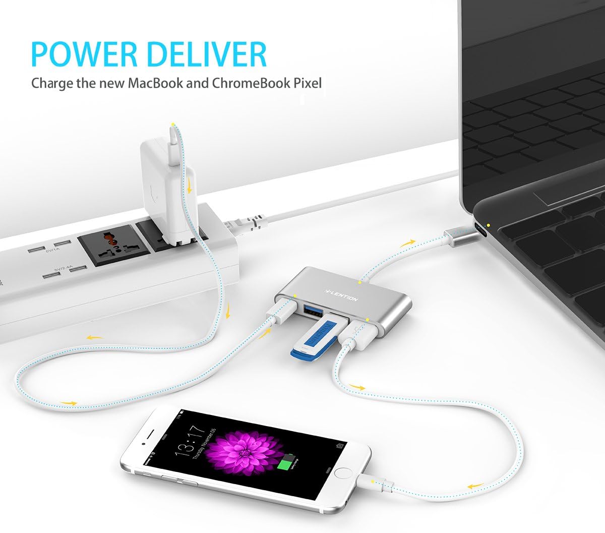 LENTION 4-in-1 USB-C Hub with Type C, USB 3.0, USB 2.0 Compatible 2020-2016 MacBook Pro 13/15/16, New Mac Air/Surface, ChromeBook, More, Multiport Charging & Connecting Adapter (CB-C13, Silver): Computers & Accessories