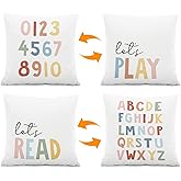 Moen Light Choow Throw Pillow Covers 18x18 Set of 2,Reversible Classroom Décor Letter Pillow Cases Kids Playroom Décor Pillow Covers,Boho Lets Play Alphabet Number Pillowcase for Reading Nook
