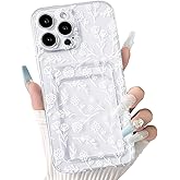 NITITOP Compatible with iPhone 15 Pro Max Case Clear with Card Holder Cute Flower Floral Leave Pattern for Women Girl Shock-Absorbing Soft TPU Wallet Case Protective Phone Cover - White