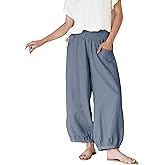 Xiaoxuemeng Womens Wide Leg Pants Cotton Linen Barrel Pants Elastic Waisted Lounge Trousers with Pockets