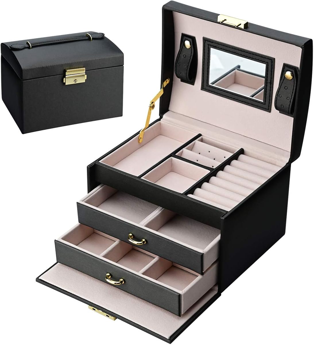 Podazz Jewelry Box for Women 3 Layers PU Leather Jewellry Organizer with Mirror and Lock, Drawer type