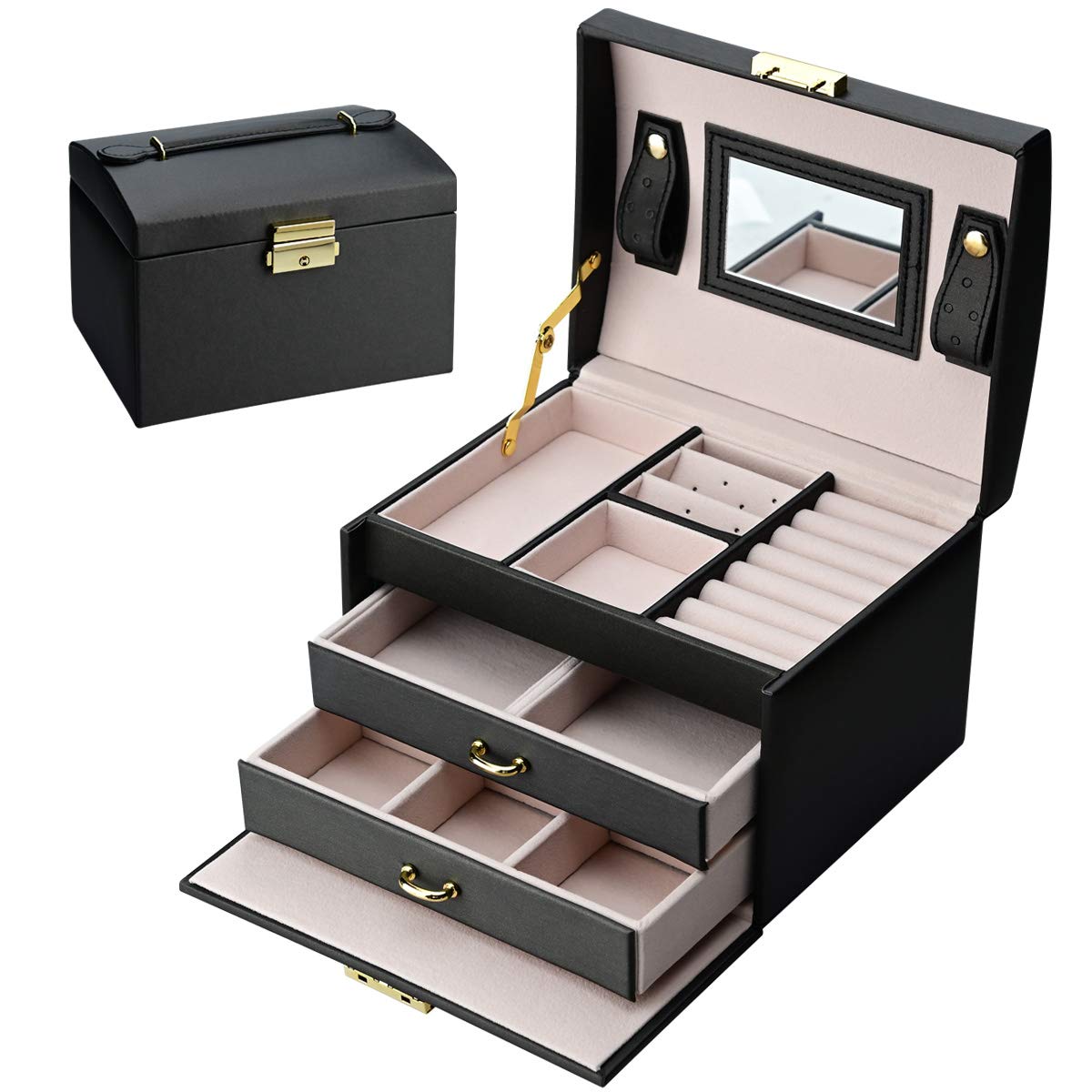 Podazz Jewelry Box for Women, 3 Layers PU Leather Jewellry Organizer with Mirror and Lock, Drawer type, for Storing Rings, Bracelets, Earrings, Necklaces, Valentine's Day Gift Box - Black — image 1