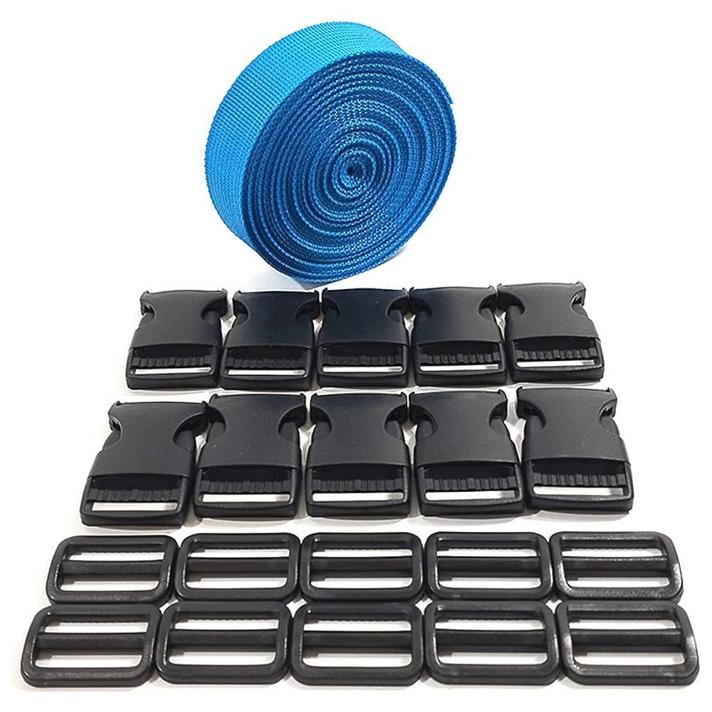 Backpack Strap (5 Meter x 25mm) + 20 Plastic Buckles Straps, Backpack Ribbon for Sewing and DIY Bags and Suitcase Luggage Straps, Blue Strap, (25mm X 5M, 216)