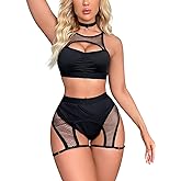 Women Rave Outfits Cutout Fishnet Top Booty Shorts Bottom Choker 3Pcs Babydoll Nightwear Festival Lingerie