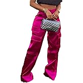 VJMVJM Women Satin Cargo Pants High Waisted Straight Wide Leg Casual Pants Multi Pockets Club Y2k Trousers