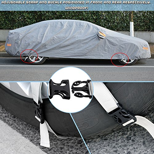 Breathable Universal Fit Car Cover All Weather Outdoor Indoor Full Waterproof Heat Sun UV Rain Snow Dust Resistant Covers (Fits Cars Up To 185 Inches, PEVA, Gray)