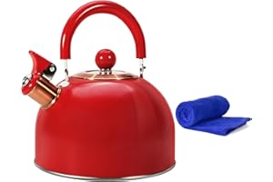 Foedo Tea Kettle,Whistling Tea Kettle Stovetop 2.6 Quart, Tea Pots for Stove Top Food Grade Stainless Steel,Wood Pattern Handle,Christmas Gift(Red),With Anti Scald Towel