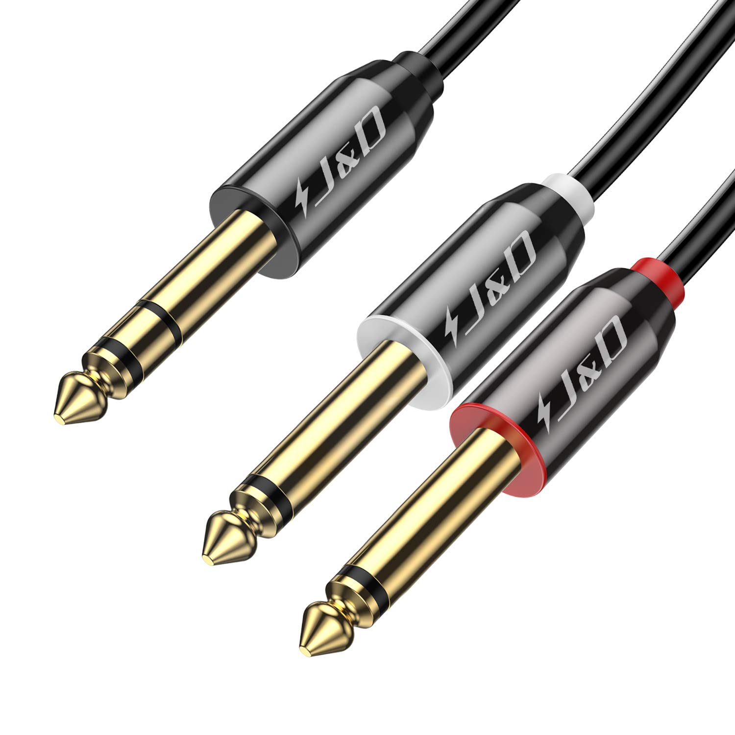 J&D 1/4 inch TRS Y-Splitter Insert Cable Lead Stereo Jack Cable 9 Feet/2.7 Meter, Gold Plated Copper Shell 6.35mm TRS Male to Dual 6.35mm TS Male Mono Breakout Patch Cord for Amplifier, Speaker