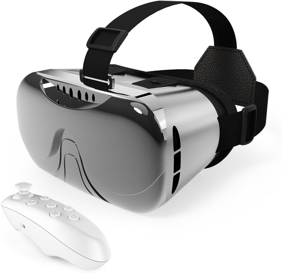 E T 3D VR Headset with Controller Metallic Plating 3d Virtual Reality Headsets Box for 3D Movie Video Games Compatible with 3.5"-6" Smartphone (Grey)