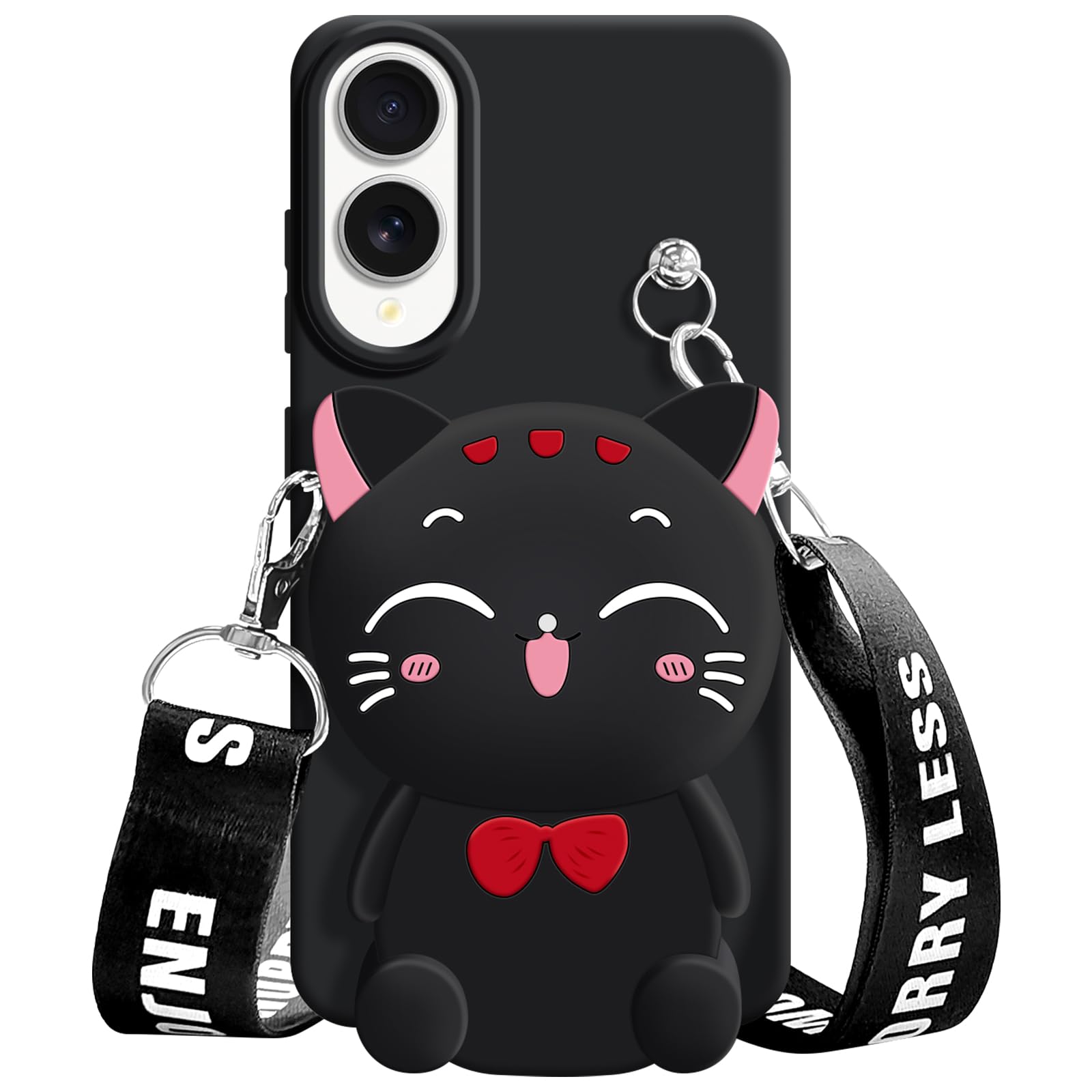 SGVAHY for Samsung Galaxy S25 Edge Case, Cute Black Lucky Cat Coin Purse Fancy Phone Case for Women Girls with Crossbody Strap Kawaii Soft Silicone Cover for Galaxy S25 Edge