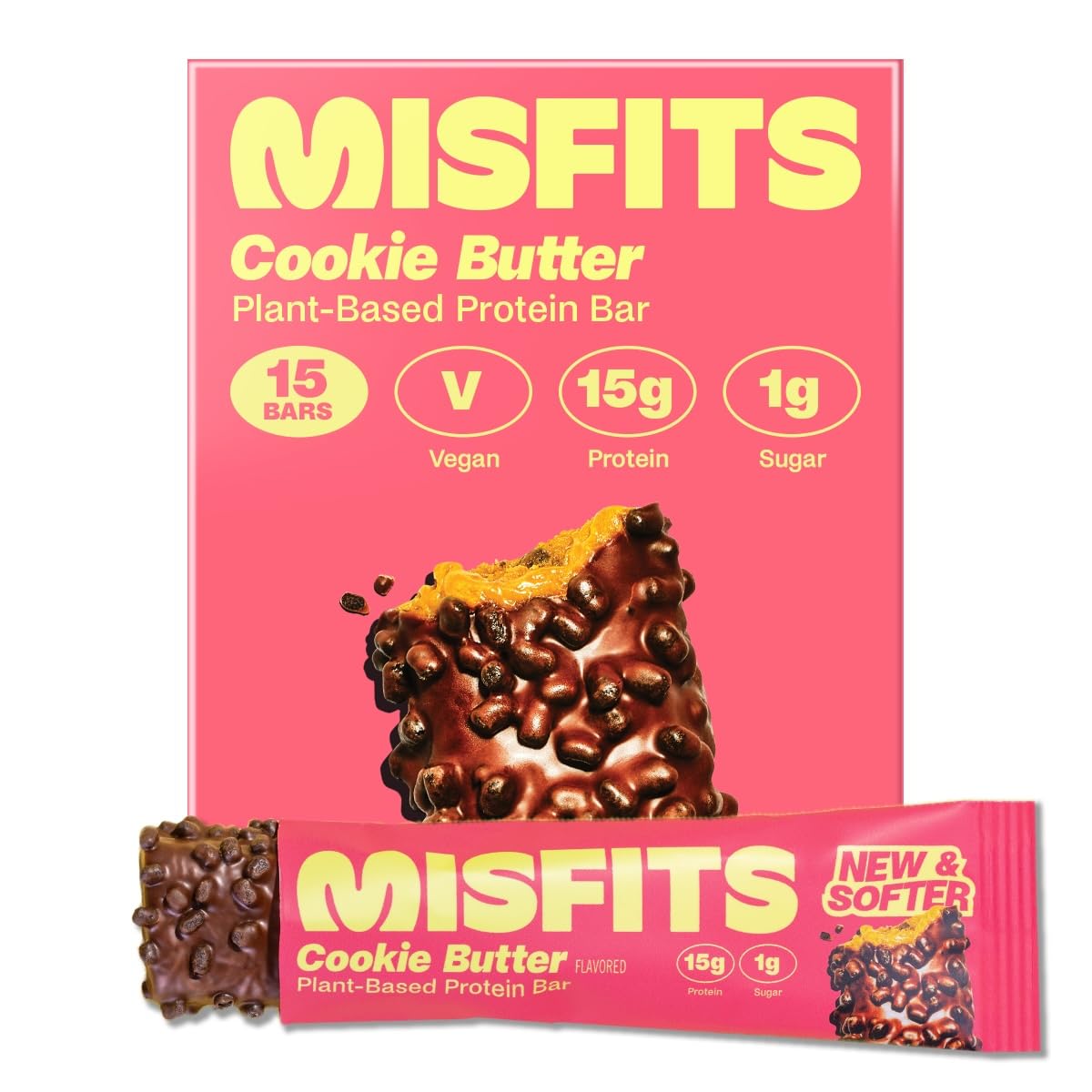 Misfits Vegan Protein Bar, Cookie Butter (Speculoos), Plant Based Chocolate Protein Bars, High Protein Snacks with 15g Protein Per Bar, Low Carb, 1g Sugar, High Fibre, Healthy Snack, 15 x 50g Pack