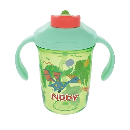 Nuby Multi-Function 2-in-1 Toddler Cup with 360° Weighted Straw and Hard Spout - 8 oz - Easy Grip Handles and Flip-It Top - 4+ Months - Dinosaurs