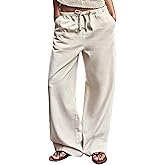 Flamingals Women's Straight Leg Pants Baggy Mid Waist Casual Solid Drawstring Eyelet Waist Slant Pocket Pants