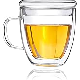 DeFancy Double Wall Coffee Mug 17 oz Insulated Borosilicate Glass Coffee Cup with Handle and Lid