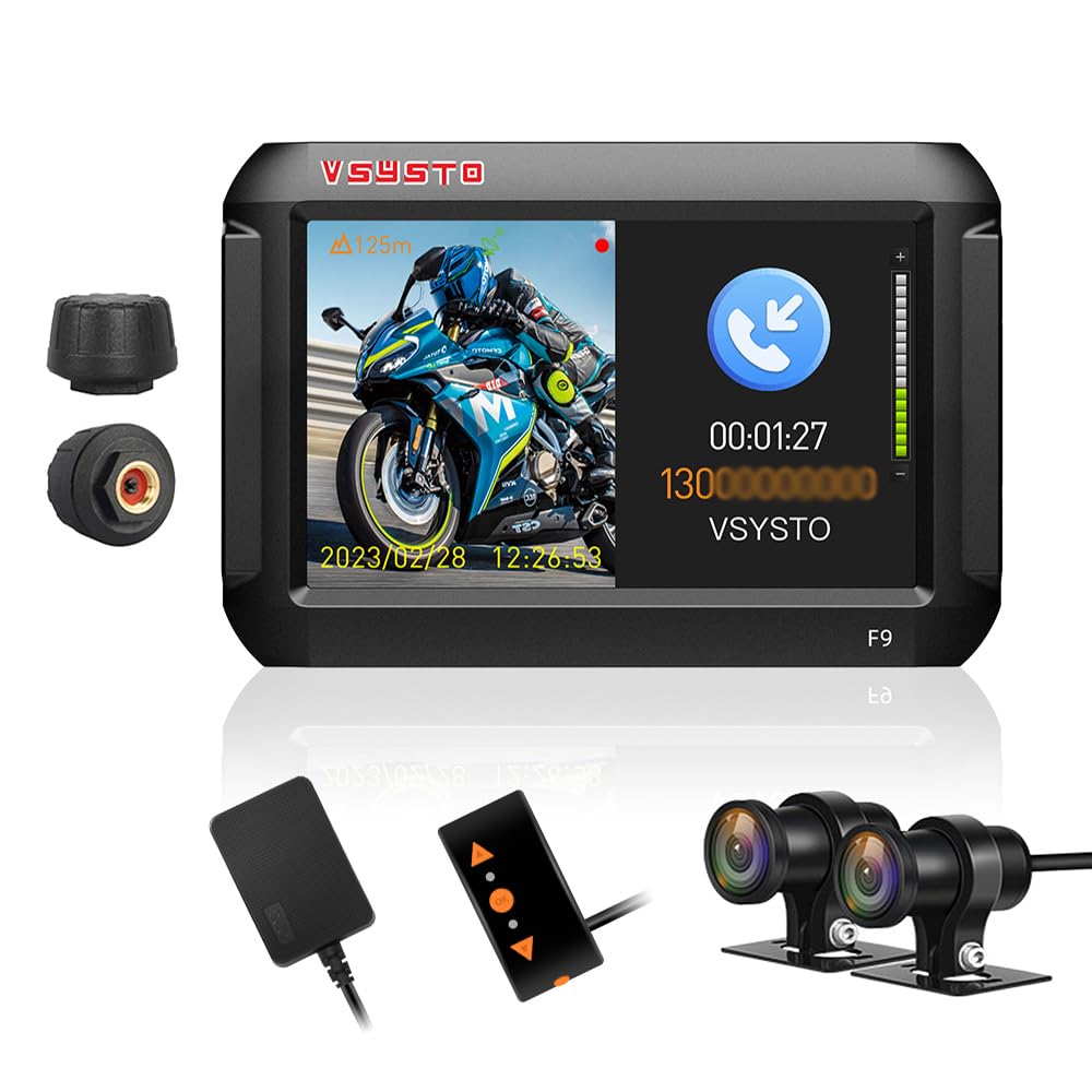 VSYSTO Motorcycle Dash Camera, Phone Assistant Mode, Parking Monitoring, Tire Pressure Sensors, WiFi 4" Screen GPS HD 1080P 150° Wide Angle SONYIMX307 Front and Rear Camera, Temperature Display