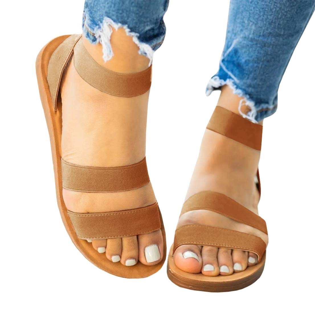 Womens Summer Flat Sandals Elastic Ankle Strap Open Toe Gladiator Comfortable Beach Shoes