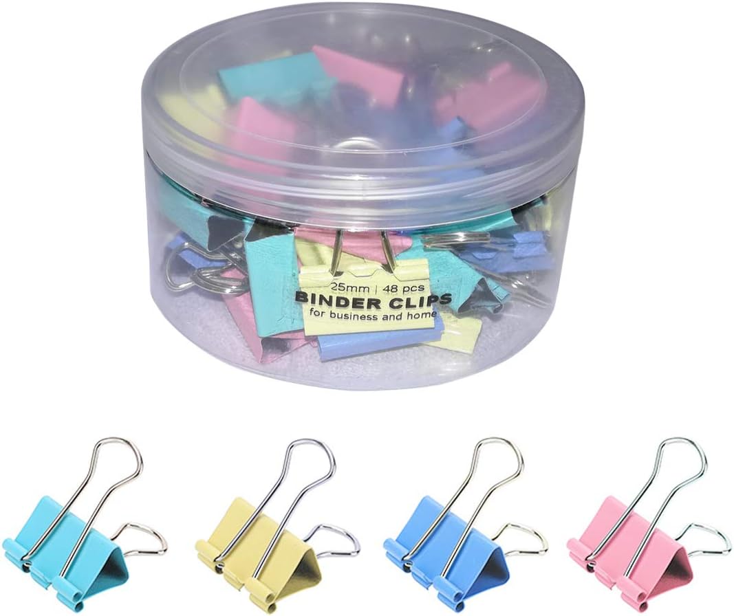 Bulldog Foldback Binder Clips 25mm - Assorted Coloured Metal Office Paper Clamps for Closing Plastic Bags, Securing Documents, Office Organize (Pack of 48)