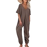 Nirovien Womens Short Sleeve Jumpsuits Casual V Neck Long Rompers Beam Foot Baggy Jumpers Summer Outfits