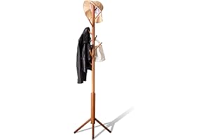 BMOSU Coat Rack freestanding Stand Bamboo Wooden Coat Tree 8 Hooks 3 Adjustable Standing Jackets Hanger Hallway Corner Parlor(Brown)