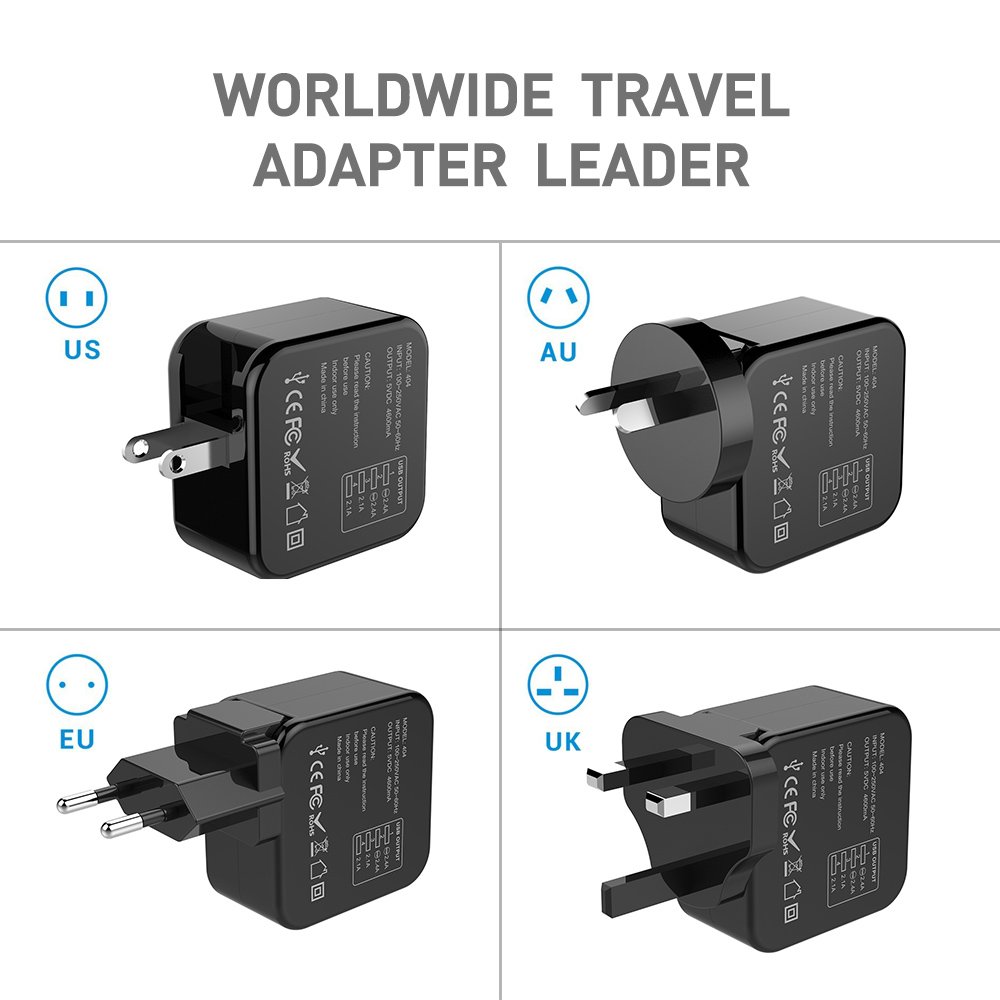 Travel Adapter,Yostyle USB Wall Charger Worldwide International All in One Travel Charger AC Power Plug Converter with 4 USB Ports,Travel Case for USA European UK AUS(Black)