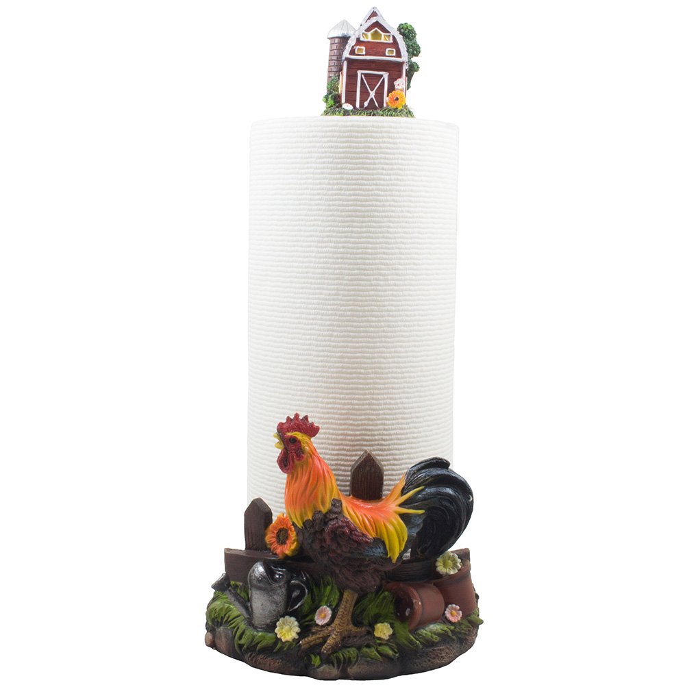Decorative Farm Rooster Paper Towel Holder with Barn in Rustic Country