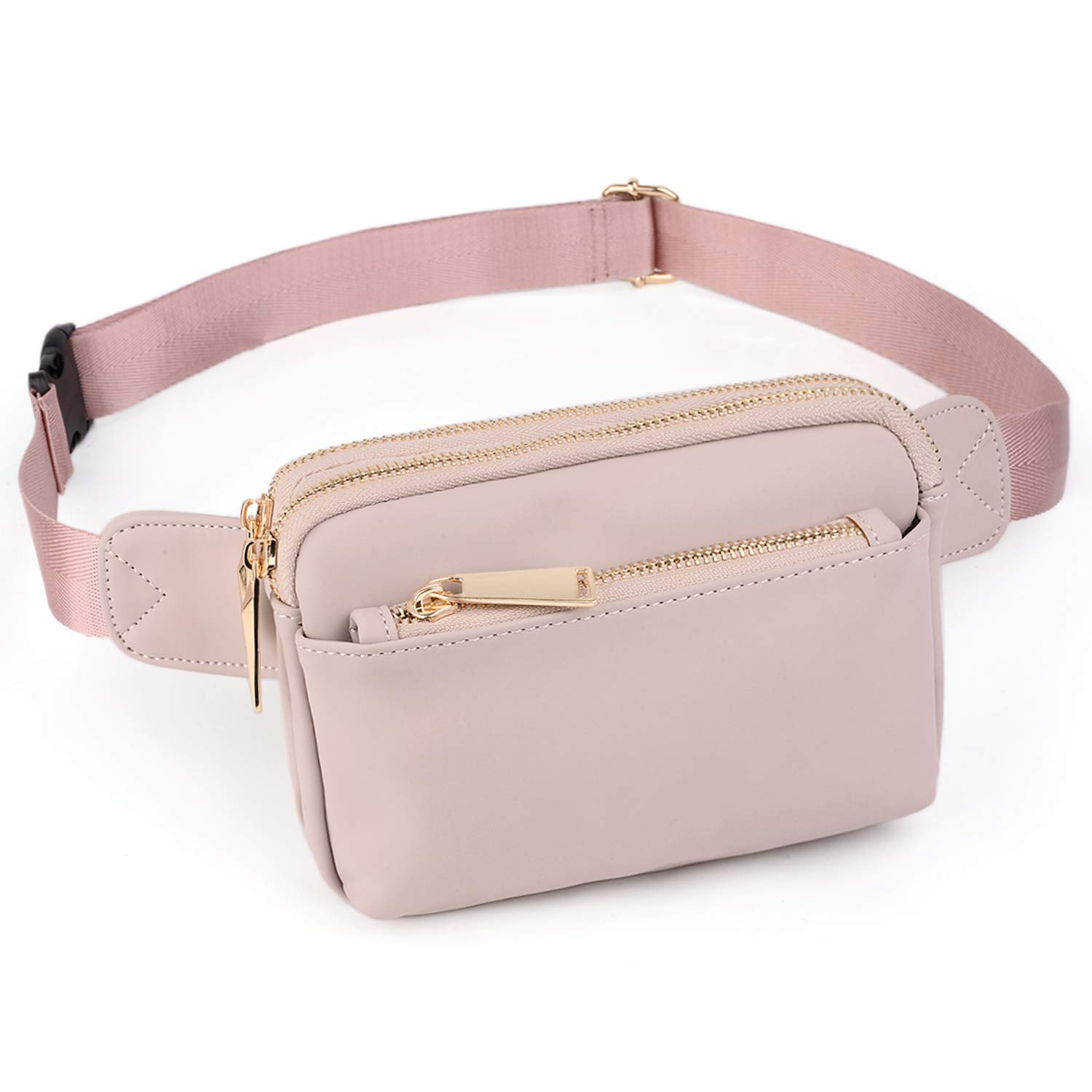 Bumbags for Ladies Sports Travel Fanny Pack Women Men Fashion Waist Packs Mother Mum Fits Mobile Phone Golden Zippers Waterproof Vegan Leather by UTO Light Pink