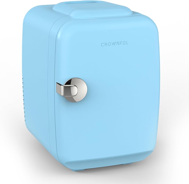 CROWNFUL Mini Fridge 4 Liter Portable Cooler Warmer 6 Can Matte Blue ETL