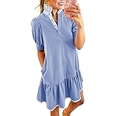 Dokotoo Women's Casual Stand Collar Tiered Babydoll Dress Short Sleeve Tunic Shift Dress with Pockets