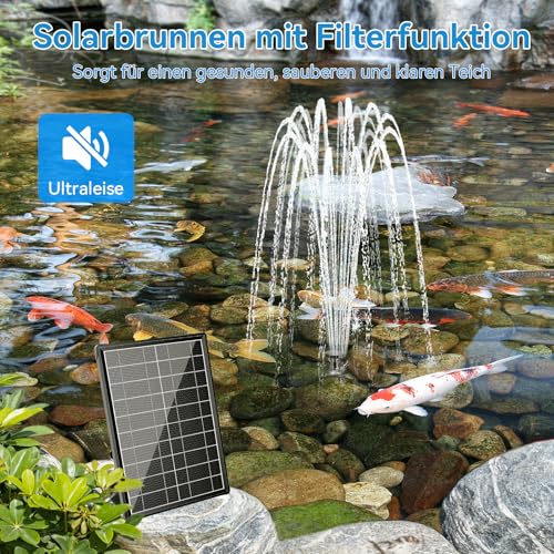 POPOSOAP Solar Fountain with Pond Filter, 8W Solar Fountain and 3000mAh Backup Battery, 8 Spray Modes and 1.5m Hose for Small Outdoor Ponds, Bird Baths