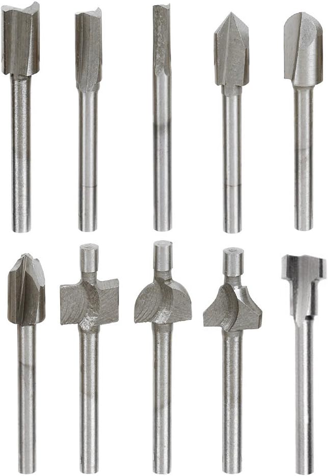 Yakamoz 10Pcs 1/8" Shank Titanium-Coated Router Bit Set Carbide Engraving Milling Cutter Trimming Bits for DIY Woodworking Carving Drilling Compatible with Dremel Rotary Tools