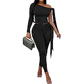 EDITCOZY Women Sexy 2 Piece Outfits One Shoulder Jumpsuits Tie Bodycon Pants Set Birthday Club Night Going Out