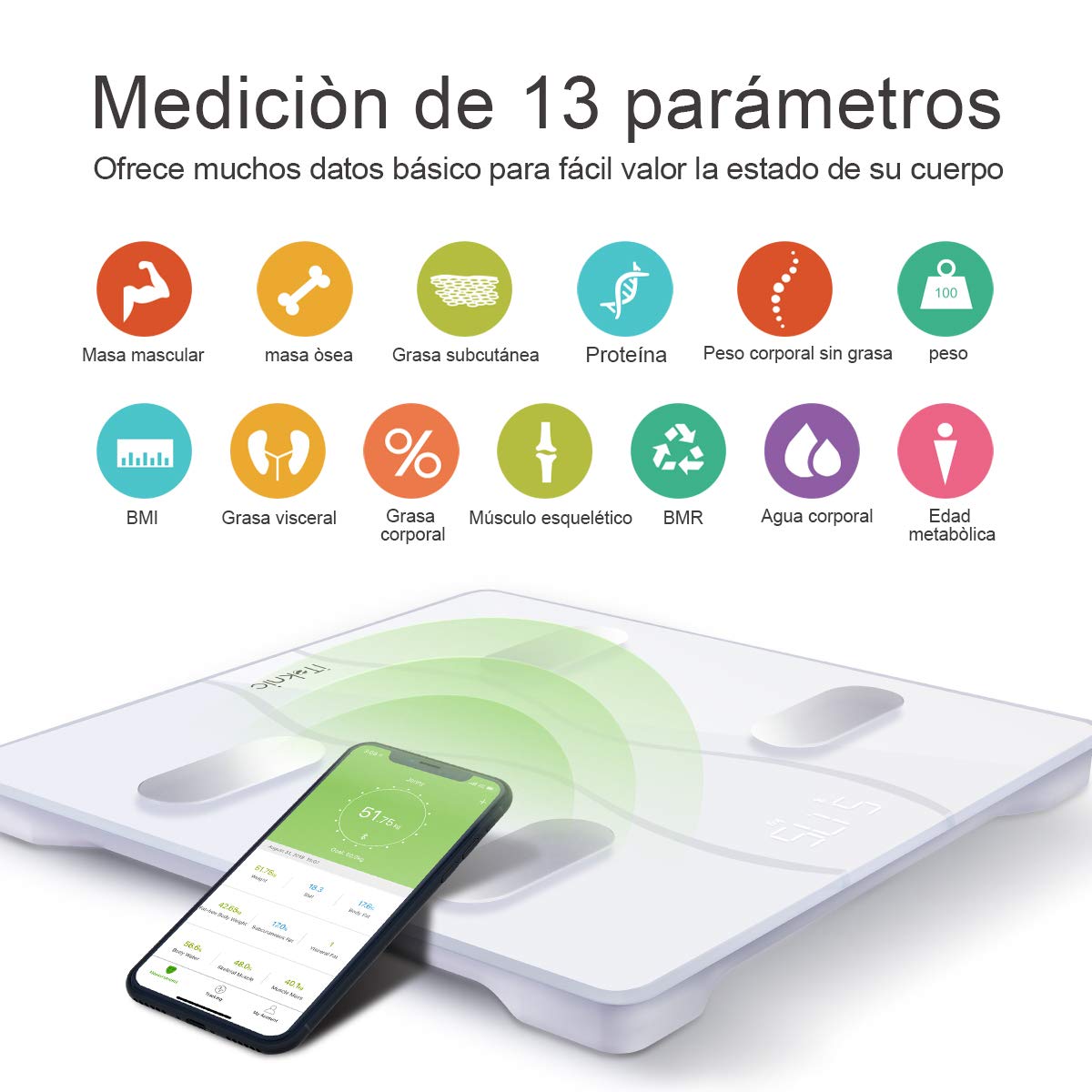 iTeknic Báscula Inteligente Multifunciones con Bluetooth Puede Conectar con Smartphone Compatible la Sistema de Andriod 4.3 y IOS 8 o Superior con Tecnología BIA Detectar y Analizar los 13 Datos de su Cuerpo (Agua,Caloría,Peso,Grasa,BMR y e