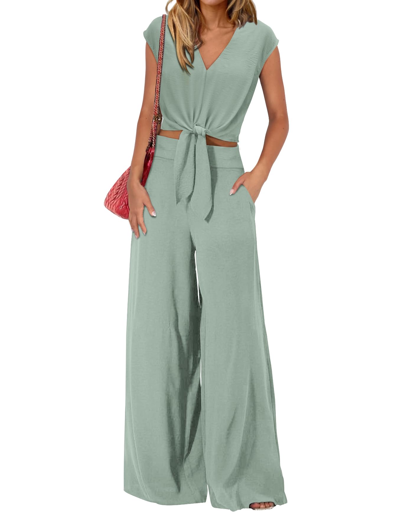 Photo 1 of PRETTYGARDEN Woman 2 Piece Pants Sets Spring Fashion Elastic Waist Crop Tops Formal Prom Club Holiday Outfits For Women(Solid Light Green,Medium)