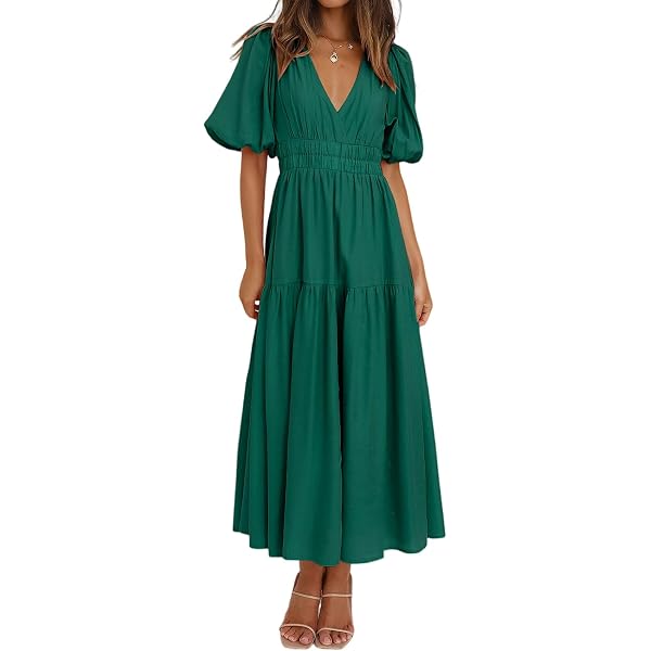 Amazon.com: SUNNOW Women's Summer Maxi Dress Romantic V-Neck Exaggerated  Sleeve, Smocked Bodice Casual Wedding Guest Dress with Pocket Green :  Clothing, Shoes & Jewelry