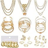 VKME 43 PCS Gold Jewelry Set for Women, Delicate Teardrop Hoop Earrings, Elegant Knuckle Rings, Adjustable Bracelets and Necklaces, Perfect Fashion Anniversary Birthday Jewelry Gift Packs