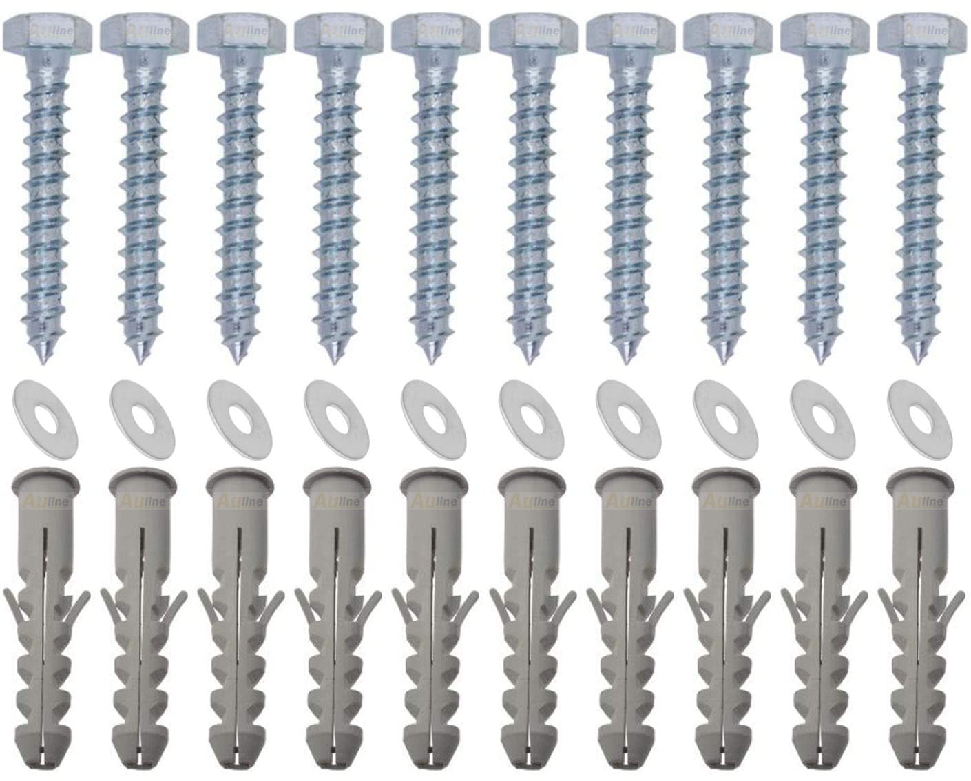Auline M8 x 80mm Masonry Brick Wall Fixing Screw Bolts with Plugs & Washers for Aerial Satellite Sky Dish TV Bracket Fence Shelves Mounting (10)