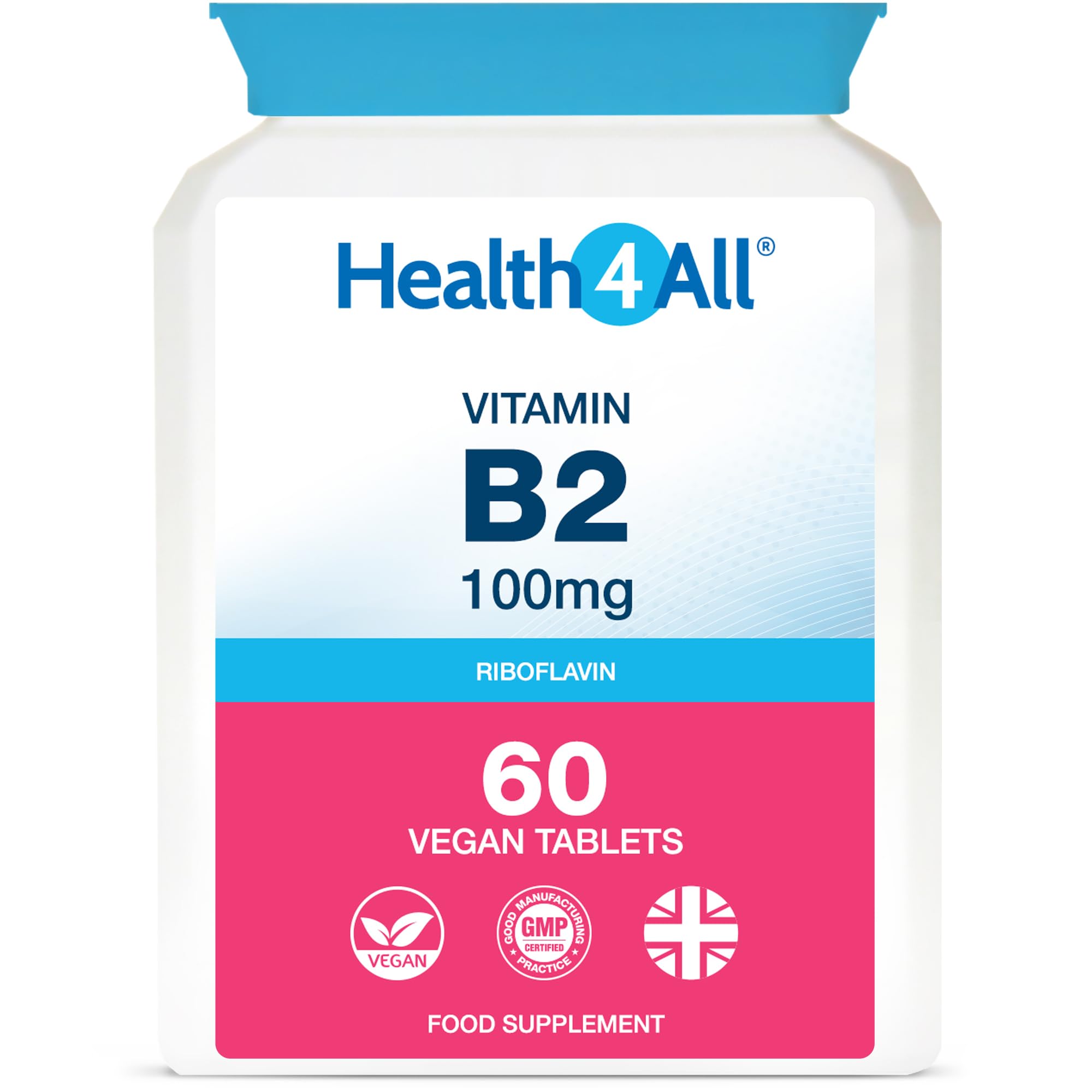 Vitamin B2 Riboflavin 100mg 60 Tablets - Energy, Stress and Migraine Support, Contributes to Reduction of Tiredness & Fatigue, Vegan, Gluten-Free Supplement | Made in UK by Health4All