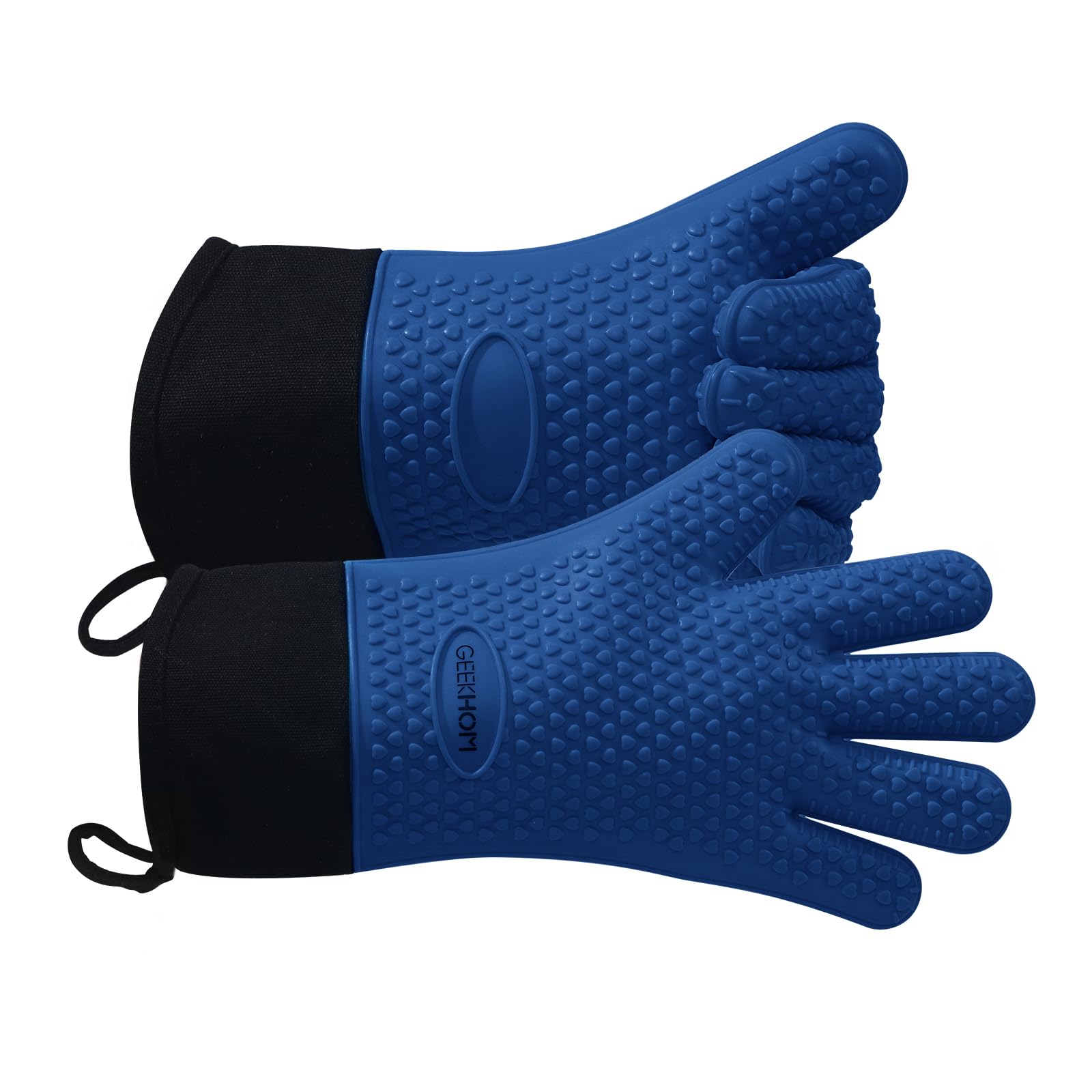 GEEKHOM Silicone Oven Gloves Heat Resistant Silicone Oven Mitts BBQ Gloves Waterproof Kitchen Gloves for Barbecue Grilling Weber Microwave, Non-Slip Oven Gloves with Fingers, Royal Blue