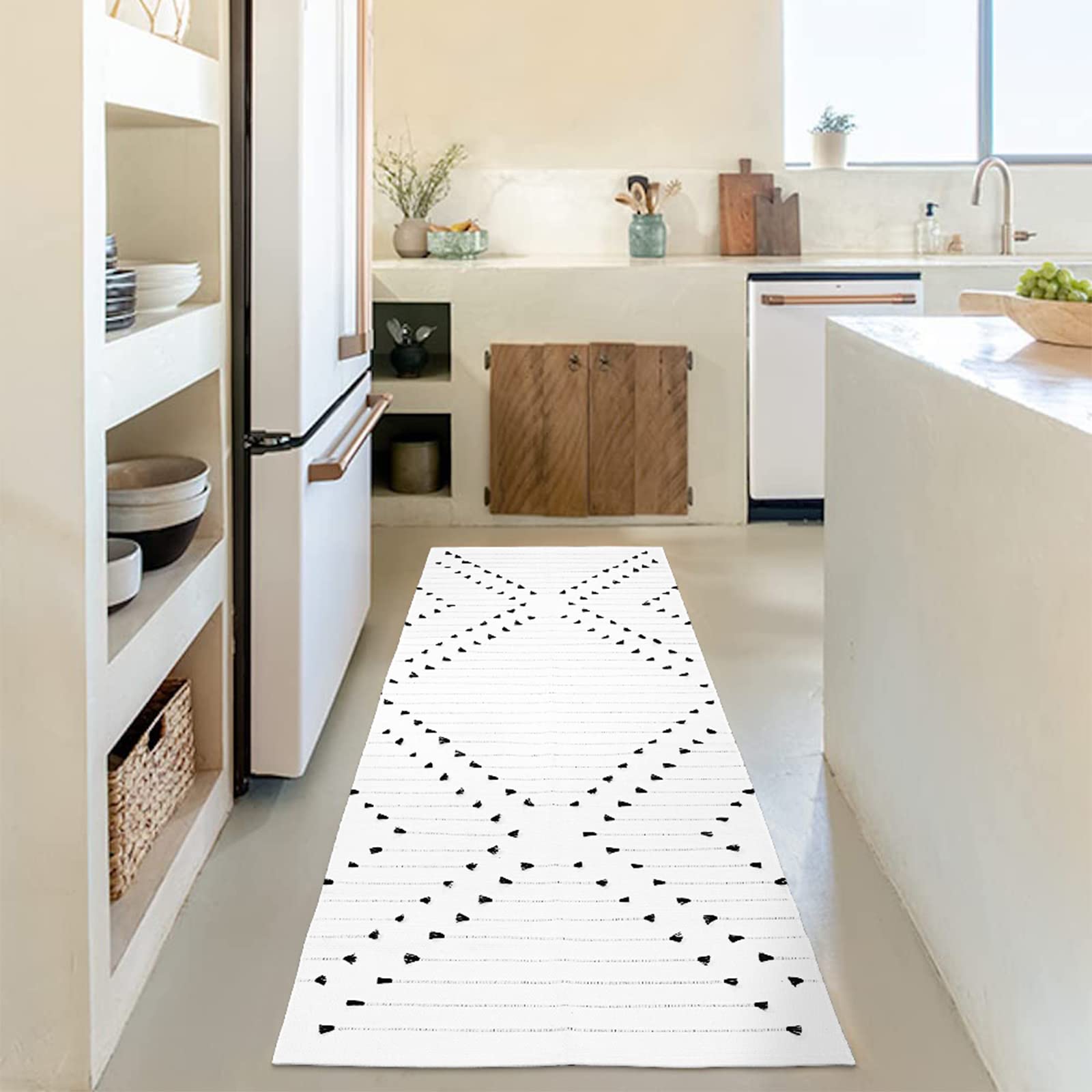 Photo 1 of HAOCOO Hallway Runner Rug 2’x6’,Modern Geometric Ktichen Rug Runners for Hallway,Woven Cotton Diamond Washable Rug White Rug Indoor Floor Carpet for Entryway Laundry Bedroom Living Room