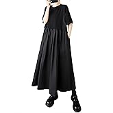 ellazhu Women's Dress Crewneck Short Sleeve A-line Solid Color Patchwork with Pocket GZ491