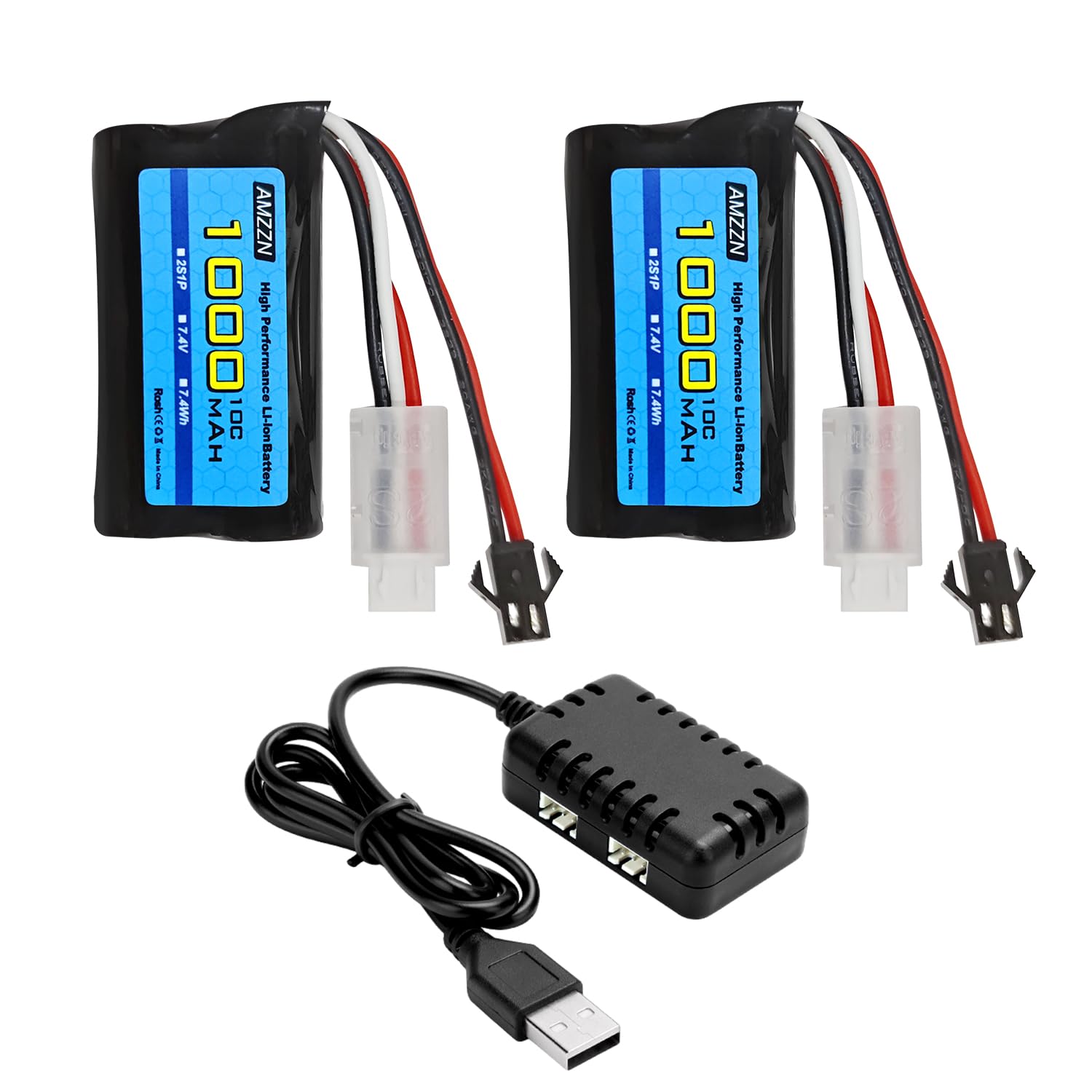 2PCS 7.4V 1000mAh 2S Li-ion Battery with SM-2P Plug and 2-in-1 Charger for WPL MN D90/91, 99/99s D12 RC Car, H101 Remote Control Boat and Ansky Gel Ball Impact Gun Battery