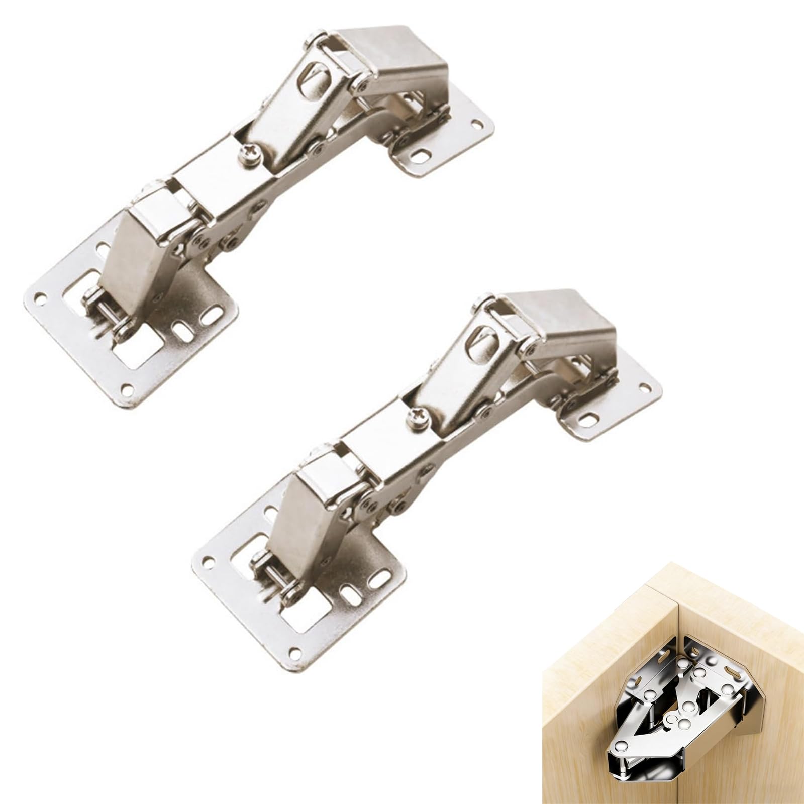 Pack of 2 Screw-On Hinges, 170 Degree Metal Hinges, Opening Angle Furniture Hinges, Suitable for Kitchen Cabinets, Cabinet Doors (Silver)