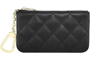 Mossruta Premium Genuine Full Grain Leather Mini Coin Purse Keychain Pouch Card Holder for Men Women (Black Quilted - LG)