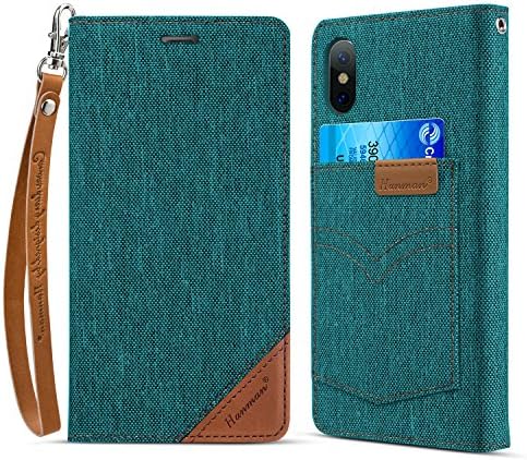 iPhone X Case,iPhone X Card Holder Case,Hanman Flip iPhone Case[Credit Card Holder]100% Handmade Flip Folio Case [Jeans Surface] Magnetic Closure iPhone X Case Card Slot With Wallet Pocket (Green)