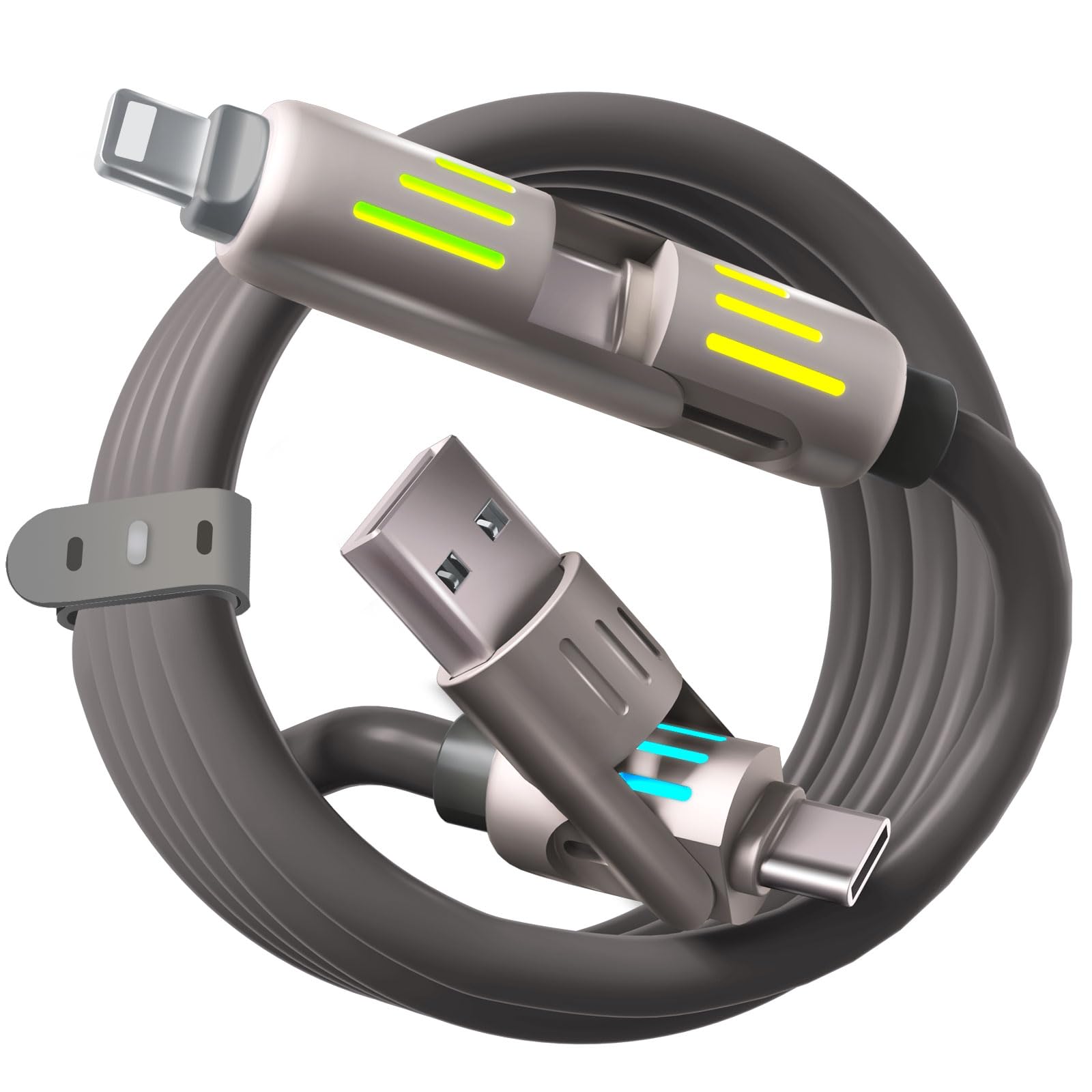 Photo 1 of 240W 4-in-1 USB C Cable with LED Indicator, PD 5A Fast Charging & Data Sync, Silicone, Compatible for iPhone, Samsung, Laptop, Multi Device, 4FT (Gray)