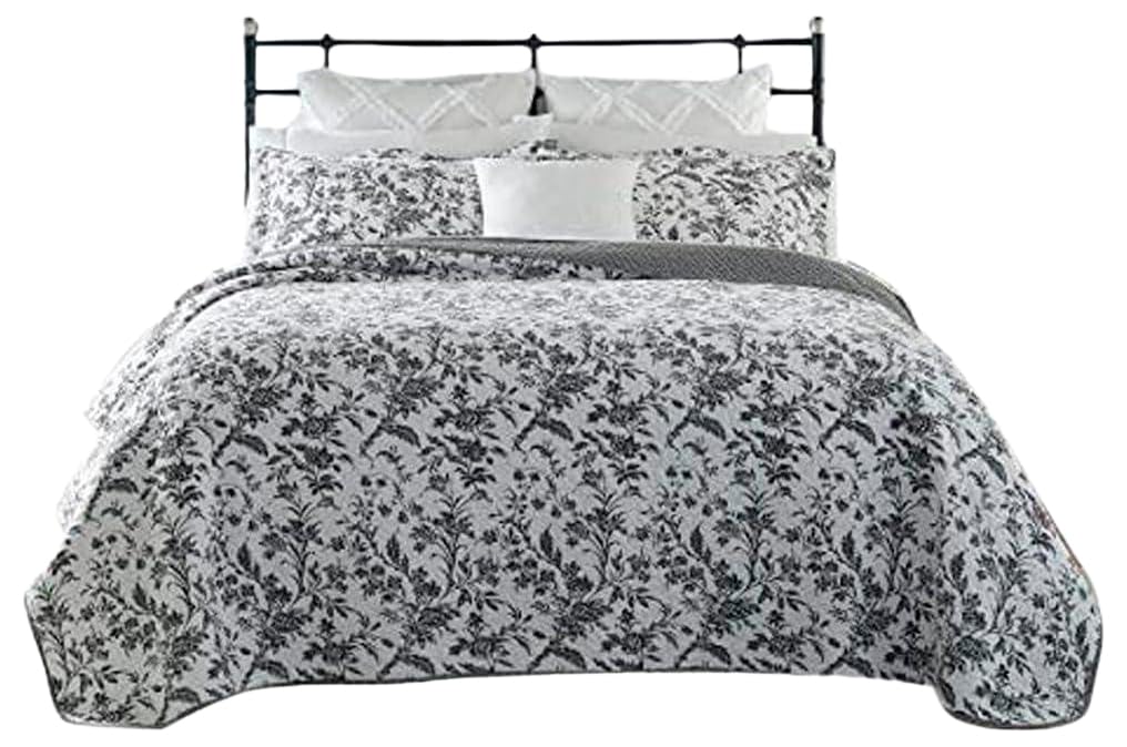 Laura Ashley Cotton Reversible Bedding with Matching Shams, Floral Home Decor for All Seasons, Amberley Black/White, Twin Quilt