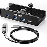 ORICO USB Hub 3.0, Clamp USB Hub with Extra Power Supply Port, Aluminum 4-Port USB Adapter with 3 USB-A Data Ports, USB-C Por